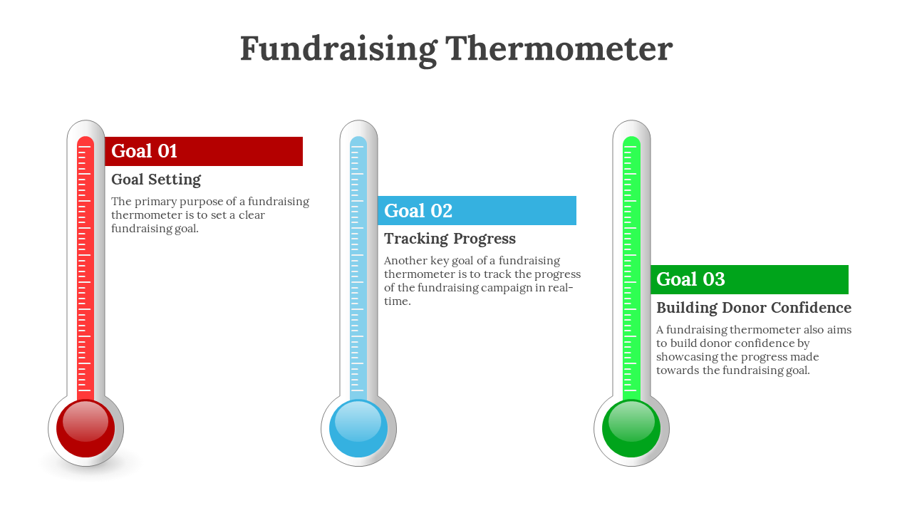 Three vertical thermometers in red, blue, and green show progress, each linked to a horizontal colored box with description.