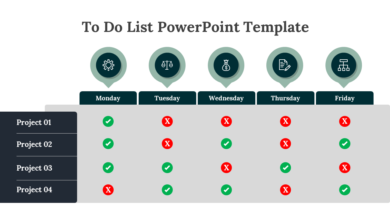 Table with colored circles for weekday and task status marked as green checkmarks and red crosses, with four projects listed.