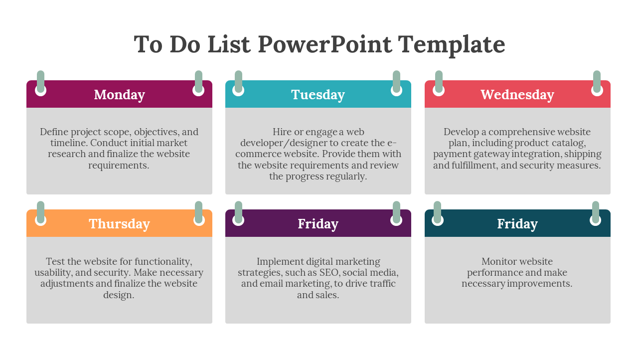 To do list template with colorful sections for each day of the week containing task descriptions in colored blocks.