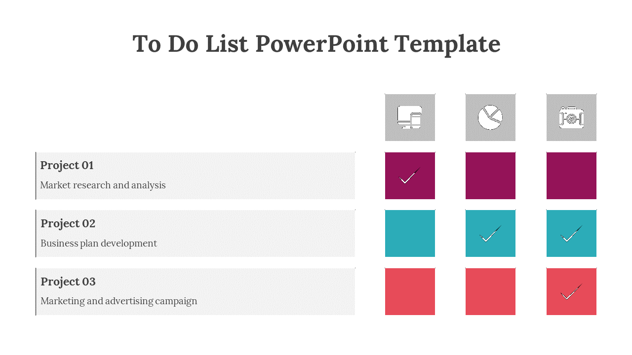 A to do list template with three projects listed, each with a small icon and colored squares in purple, teal, and orange.