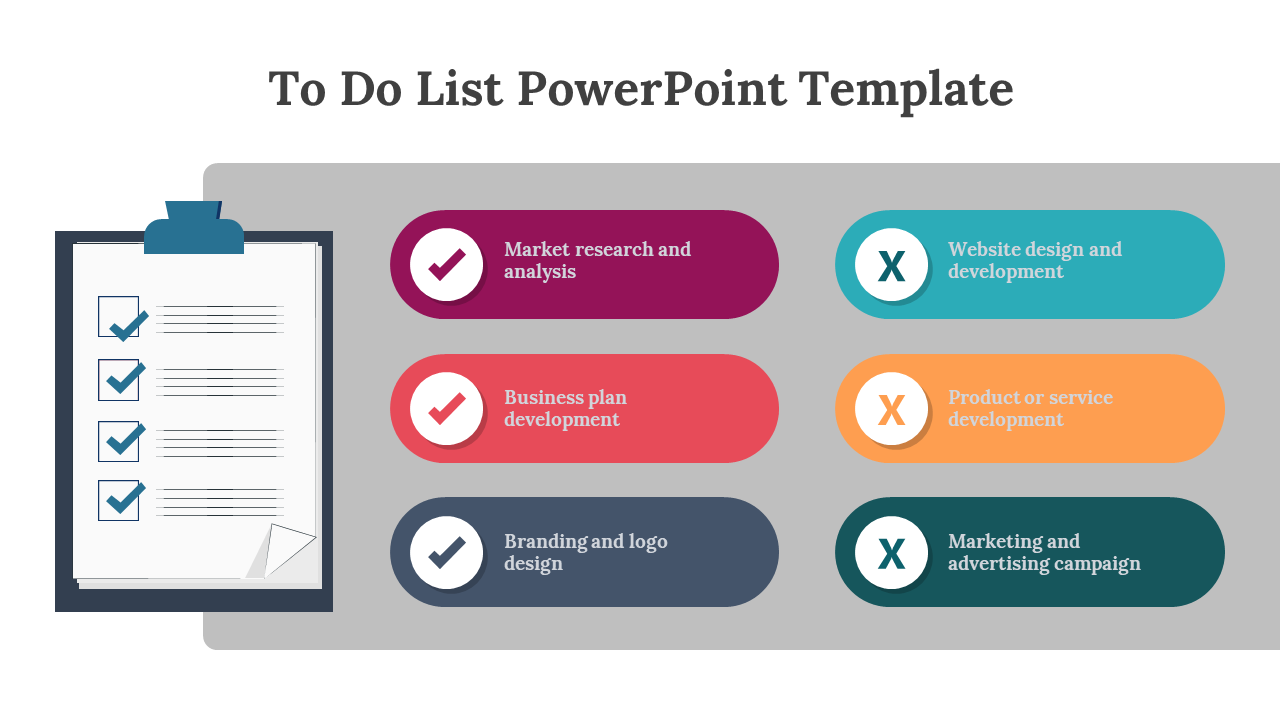 A to do list template with a clipboard on the left and colorful check marked and crossed items on right.