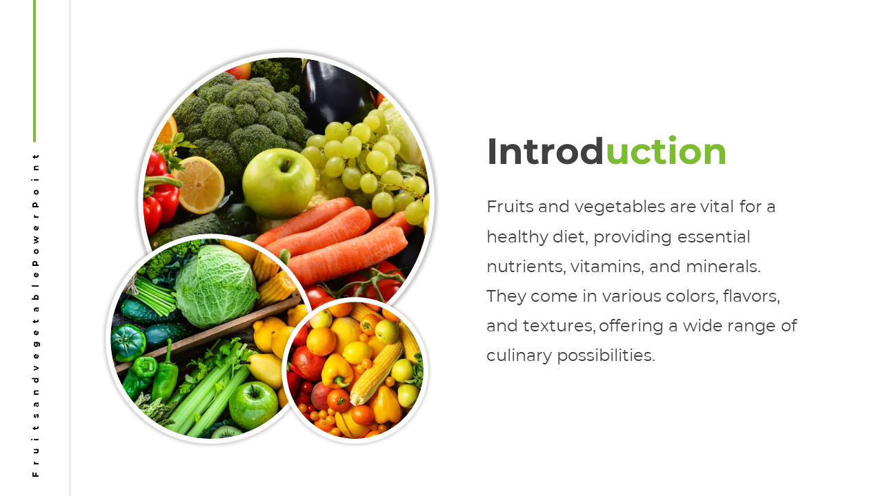 Three overlapping circular frames with colorful fruits and vegetables images, and text in green on the right.
