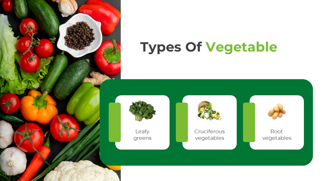 Three green bordered blocks with images of leafy greens, cruciferous, and root, on a colorful vegetable filled background.