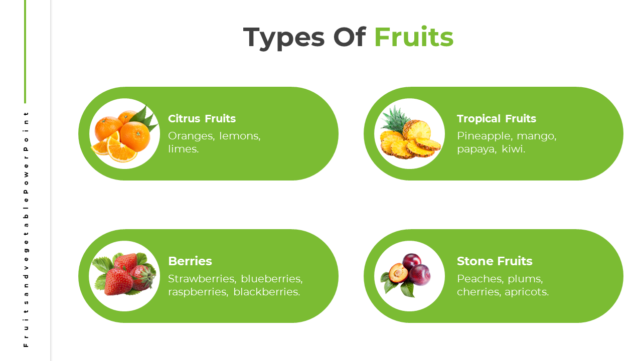Slide with images of fruits like oranges, pineapple, strawberries, and peaches, displayed in green blocks.