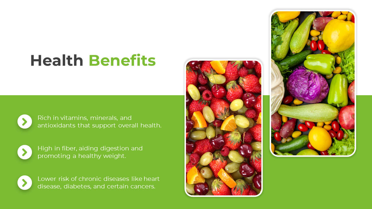 Two side by side images of berries and fruits, the other featuring colorful vegetables, with text below on a green footer.