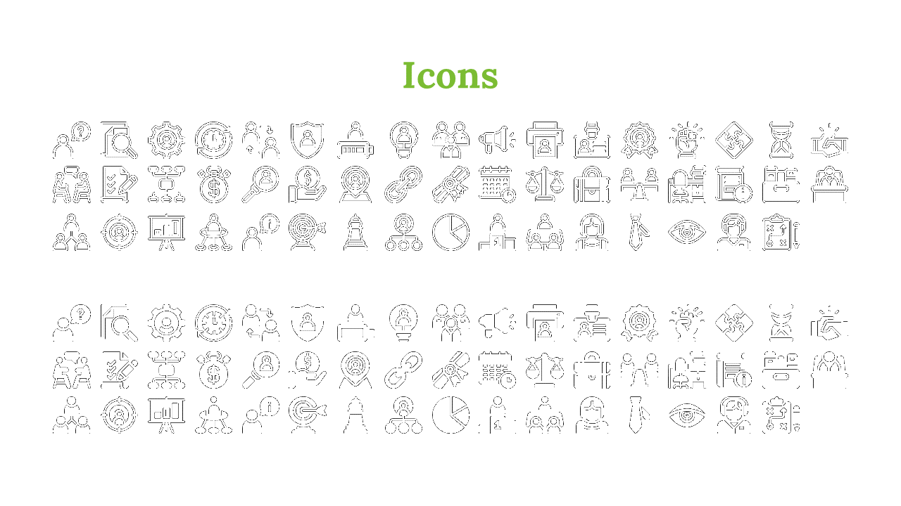 White layout featuring black business icons, split into outlined and filled rows, and a bold green heading centered.
