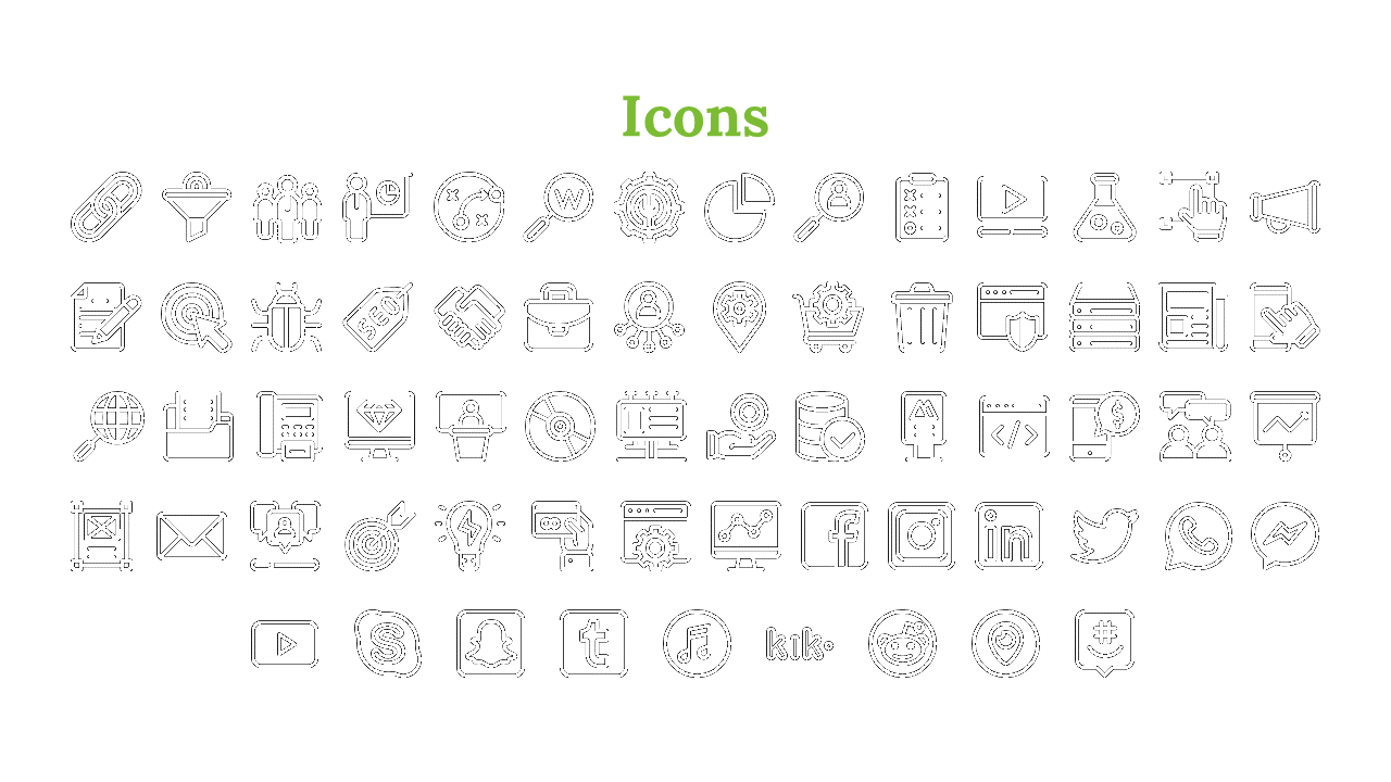 Rows of simple outlined icons in black with green top title, arranged in consistent horizontal layout.