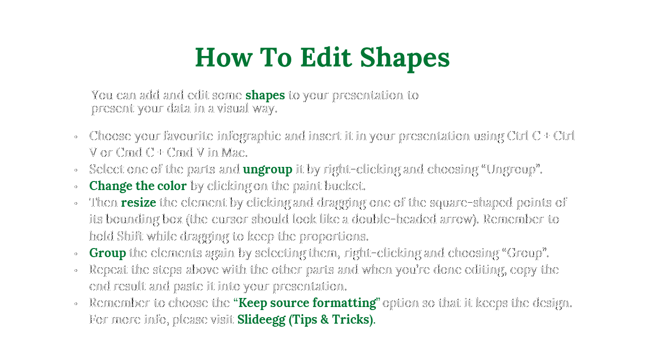 Centered green header above a left aligned bullet list includes black text and scattered colored terms.