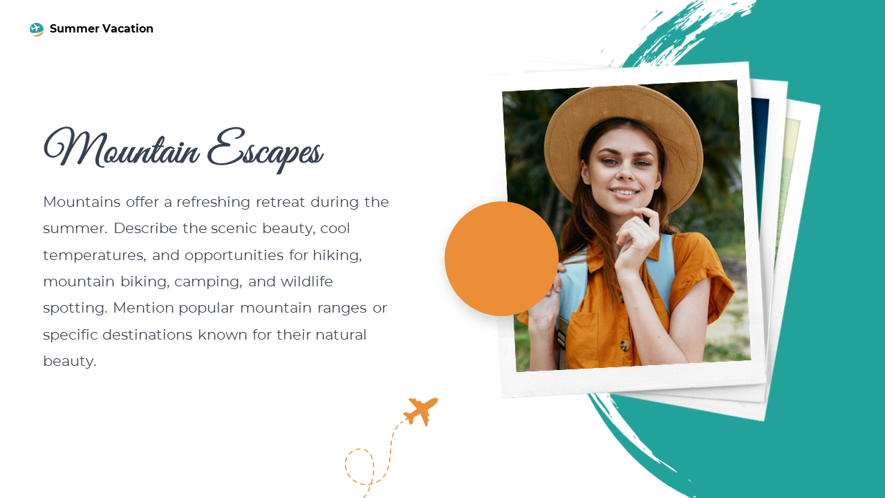 Right aligned stacked polaroid photos with teal accents and orange circle over white background with text and a plane icon.