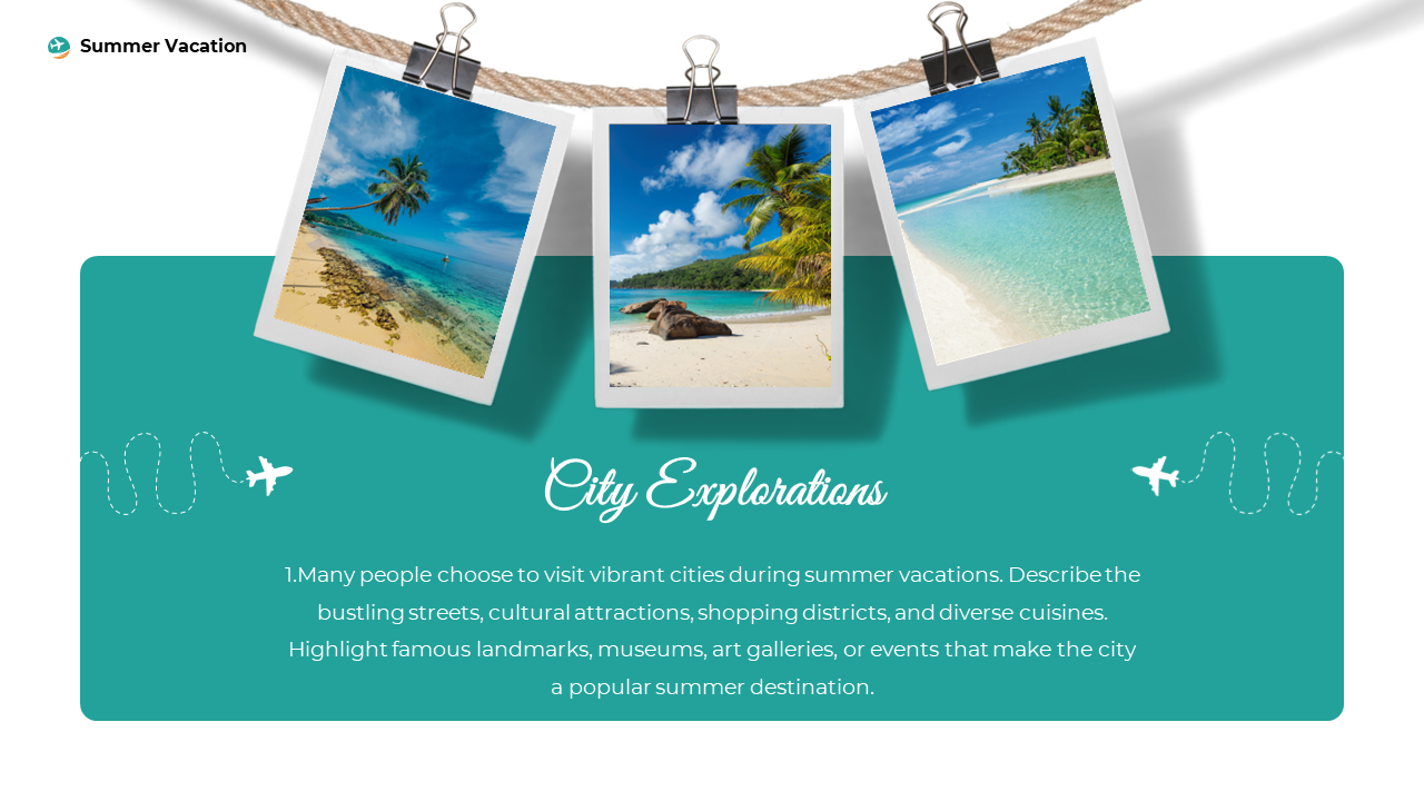 Three polaroid beach photos clipped to a rope above teal background with white planes and decorative dashed flight paths.