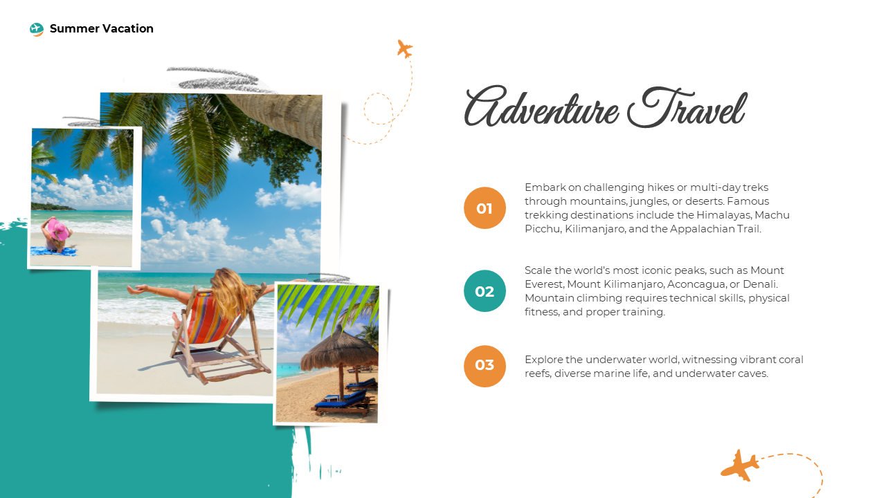 Overlapping polaroid photos of beaches on teal and white layout and three numbered orange and green circles points on right.