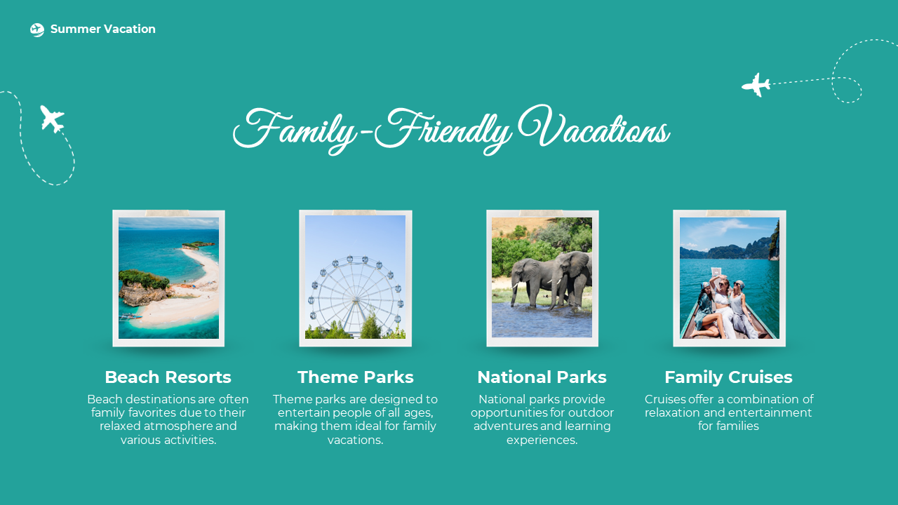 Four polaroid style images in a row showing beach, ferris wheel, elephants, and boat, all on a teal background.