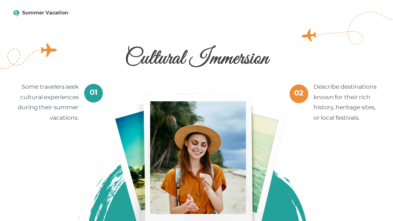 Centered polaroid style photo of woman on beach, flanked by two faded images with teal and orange circles text points.