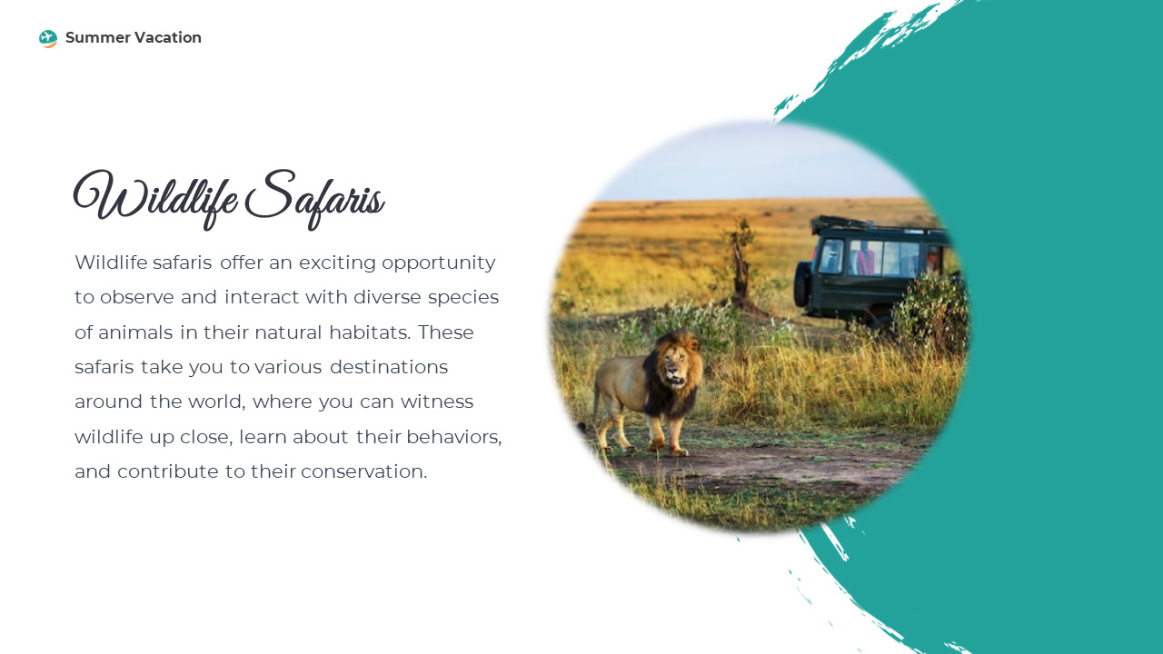 Right aligned circular photo of a lion in grassland near safari vehicle, with teal paint stroke border on white layout.