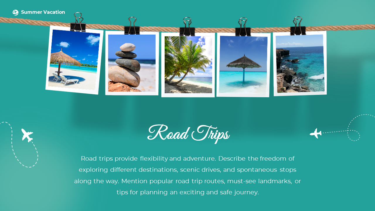 Five photos of tropical destinations on a rope line, with a beach, rocks, palm trees, and water views, on a teal background.