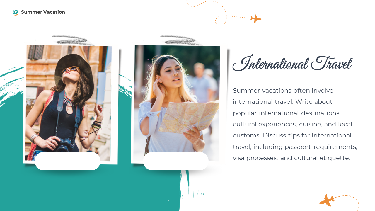 Two photo frames with a woman traveling and another reading a map, on a teal background with an airplane graphic.