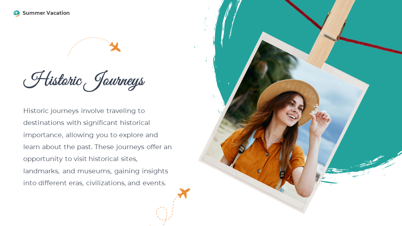Framed photo of a woman with a hat on a green and white background with a small airplane icon and travel theme.