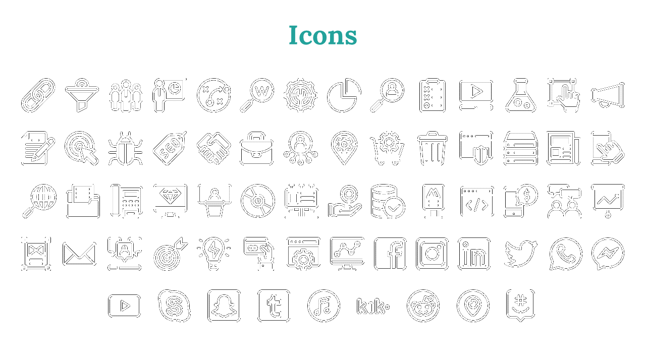 Grid of outlined black icons on white background, grouped in five rows under a centered teal heading.