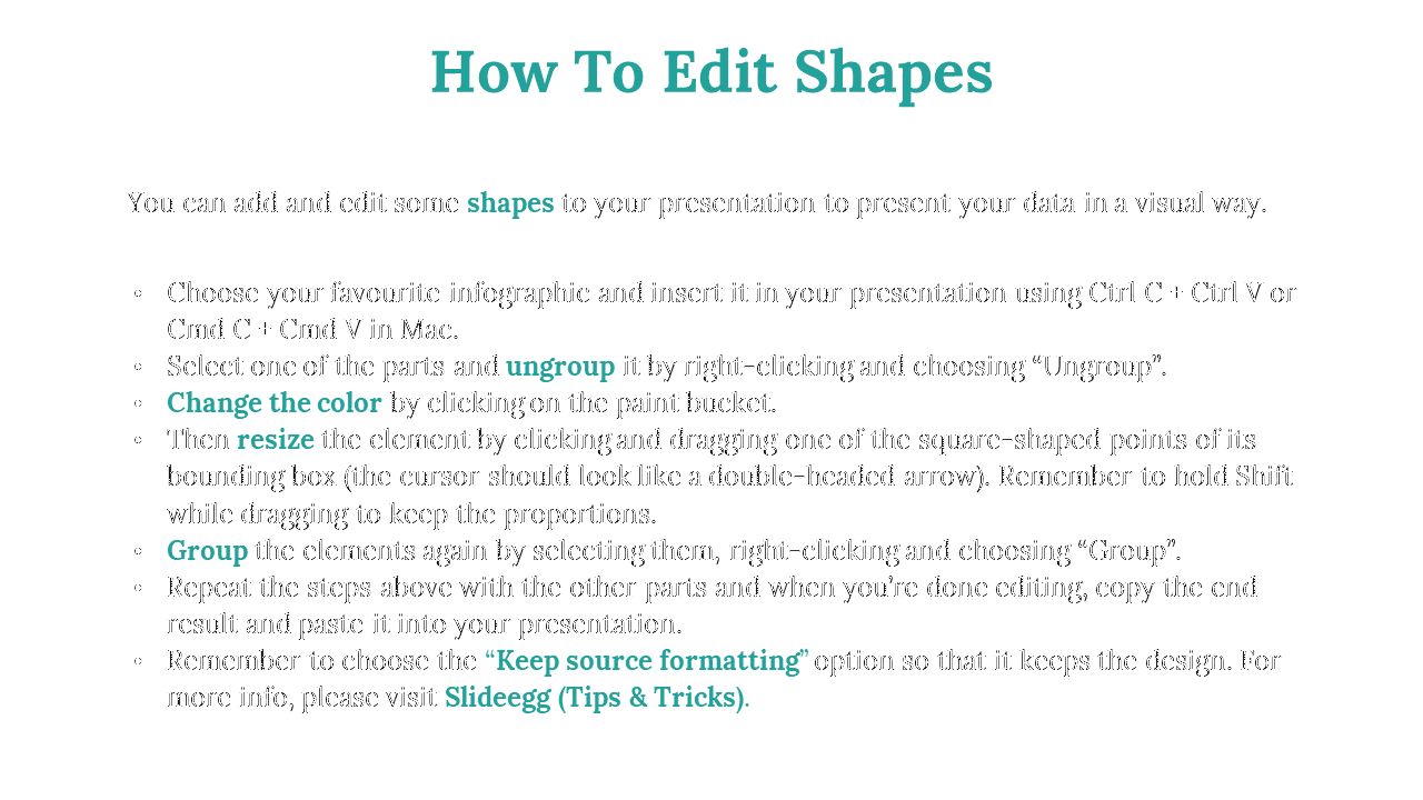 White slide with teal title centered at top, followed by black bullet list with bold highlights on key words.