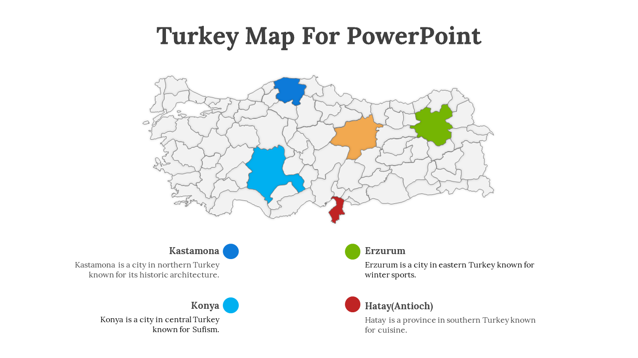 Turkey map with regions marked in blue, green, red, orange, and cyan, and cities labeled with matching colored dots.