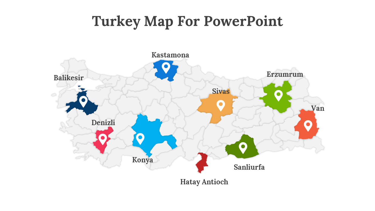 Gray Turkey map with highlighted regions in blue, green, orange, red, and pink shades with location pins.