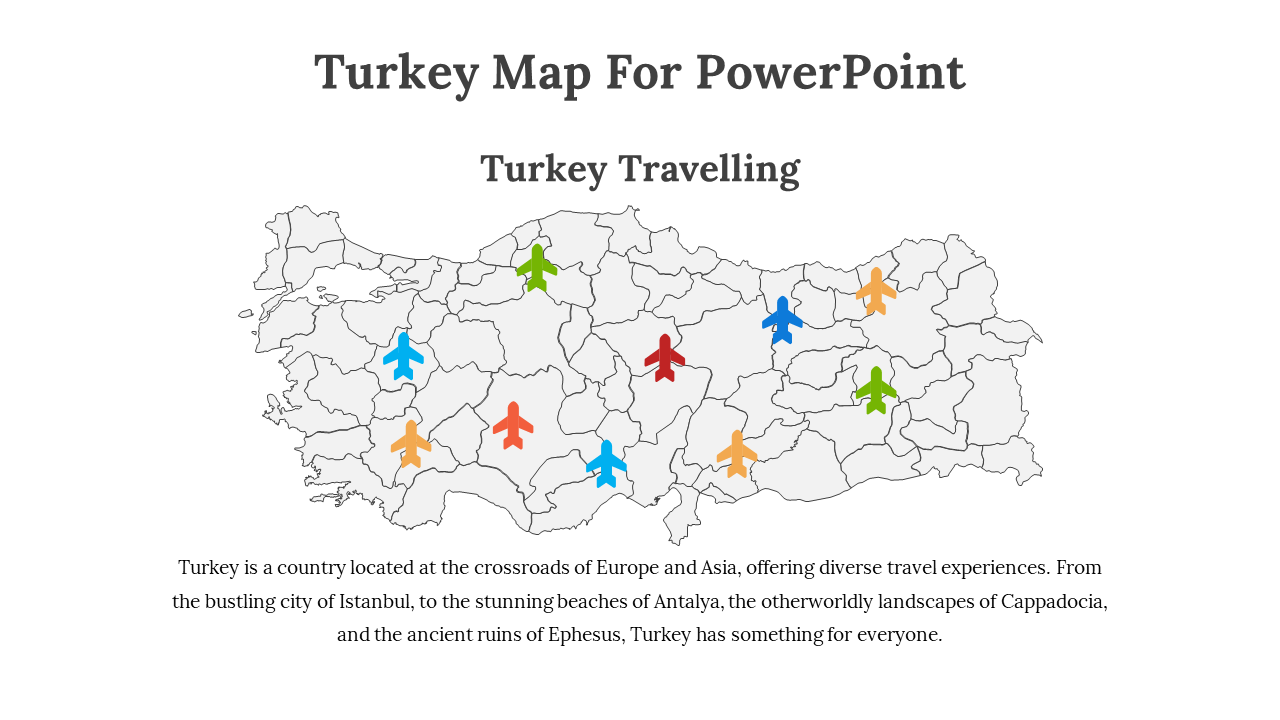 Gray outlined map of Turkey with scattered airplane icons in red, blue, green, and orange, centered on a white background.