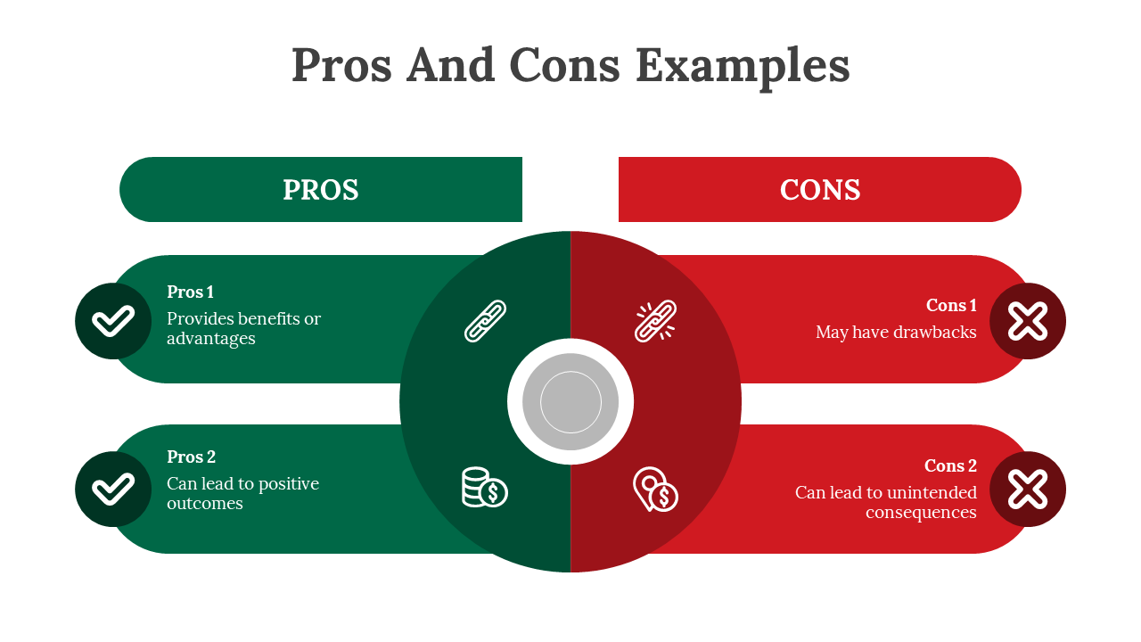 Split layout with green and red rounded rectangles, paired with central circle, and horizontal pros and cons blocks.