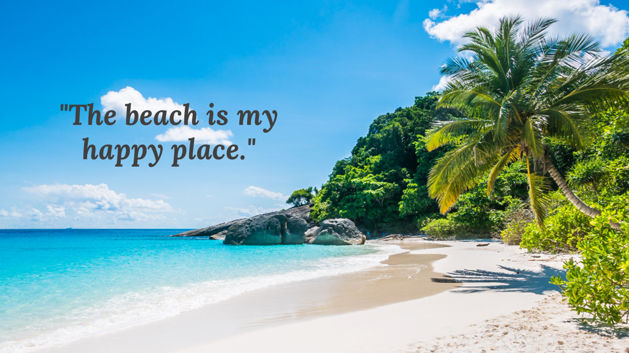 Scenic beach view with turquoise water and palm tree on the right, featuring the quote in the center.