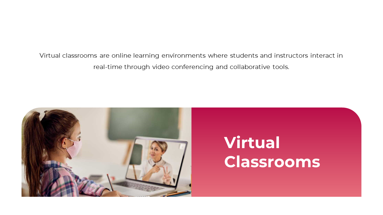 Slide shows a student interacting with a teacher online, and right shows a pink gradient box with title.