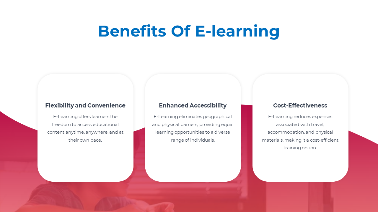 Slide showing three rounded white rectangular sections on a pink gradient background, each containing text.