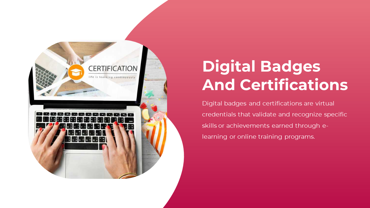 Hands typing on a laptop displaying a certification image, on a split white and pink background.