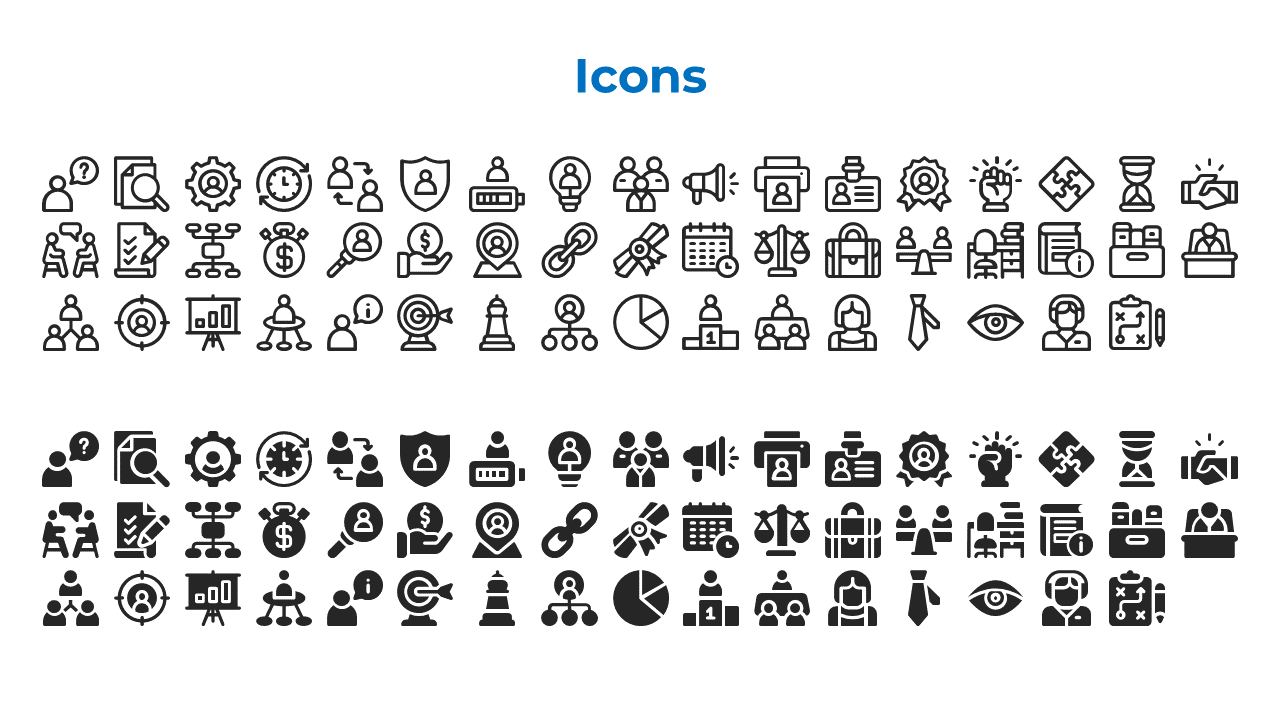 Black icons on white background, outlined icons in upper grid, filled below, under a bold blue heading.