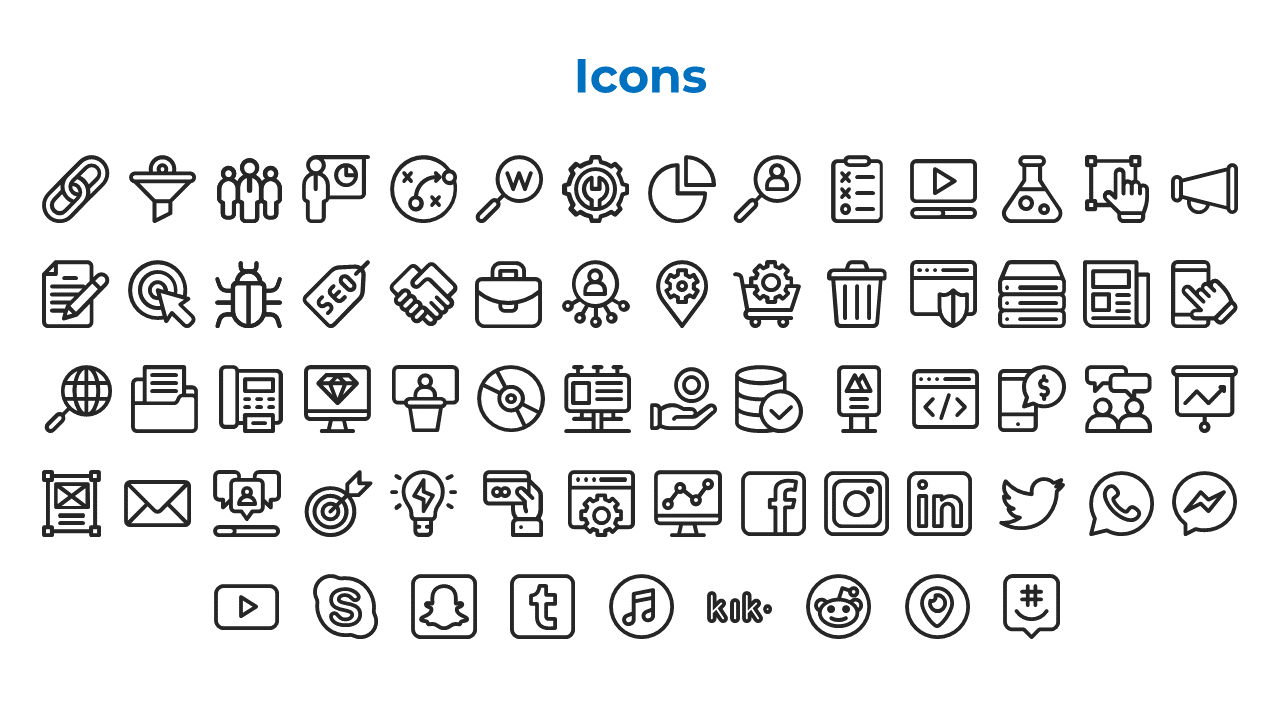 White background with rows of black outline style icons and a bold blue title at the top.