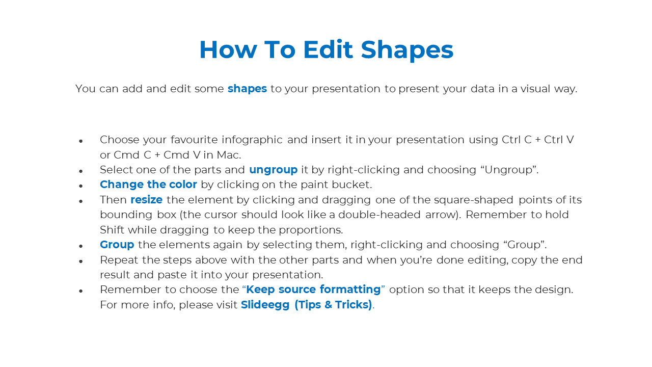 White slide featuring editing steps in bullet points, bold heading above, mix of black and blue bolded terms.