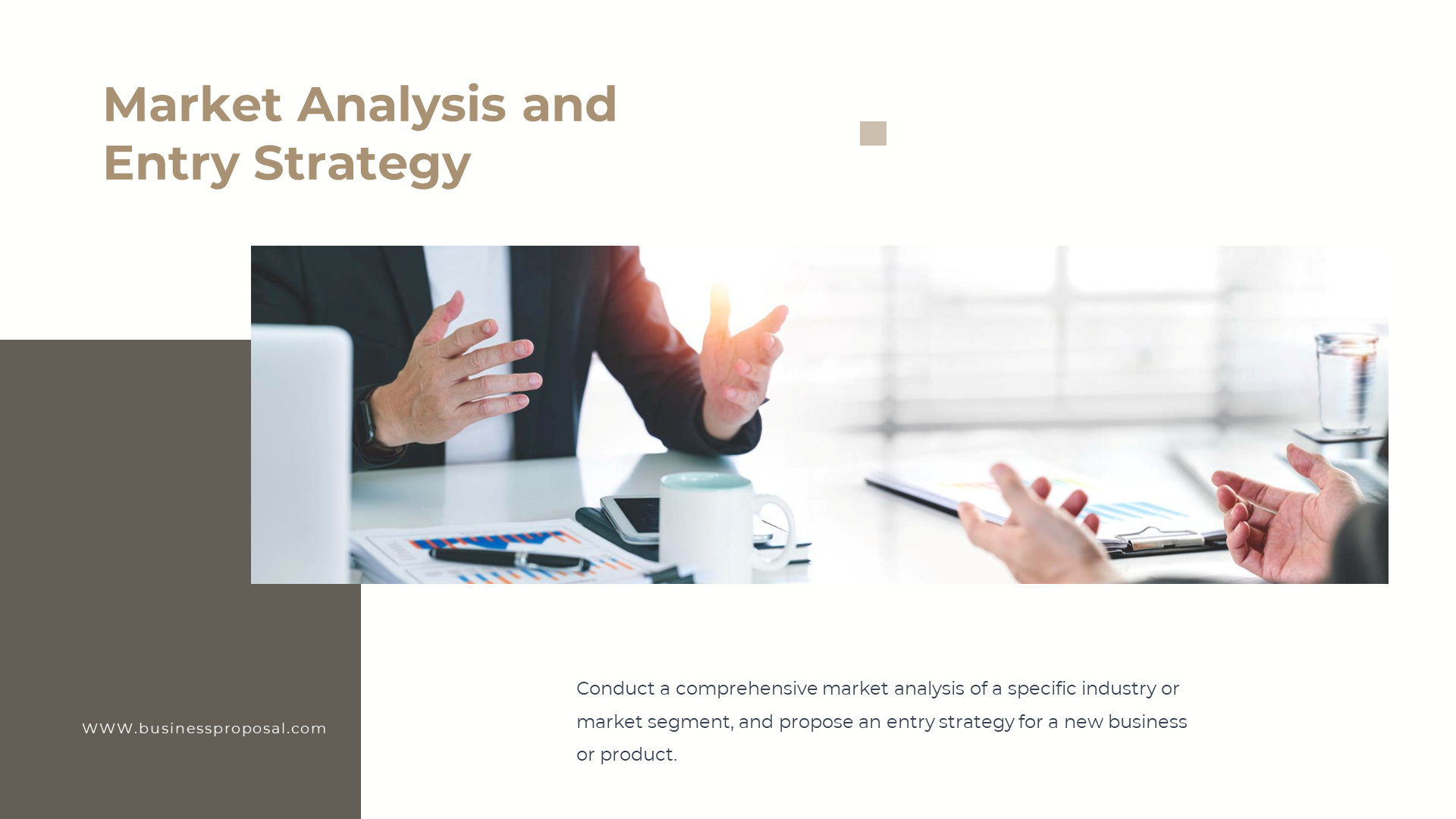 Close up of a business discussion with hands gesturing, showing market data and a coffee cup on the table.