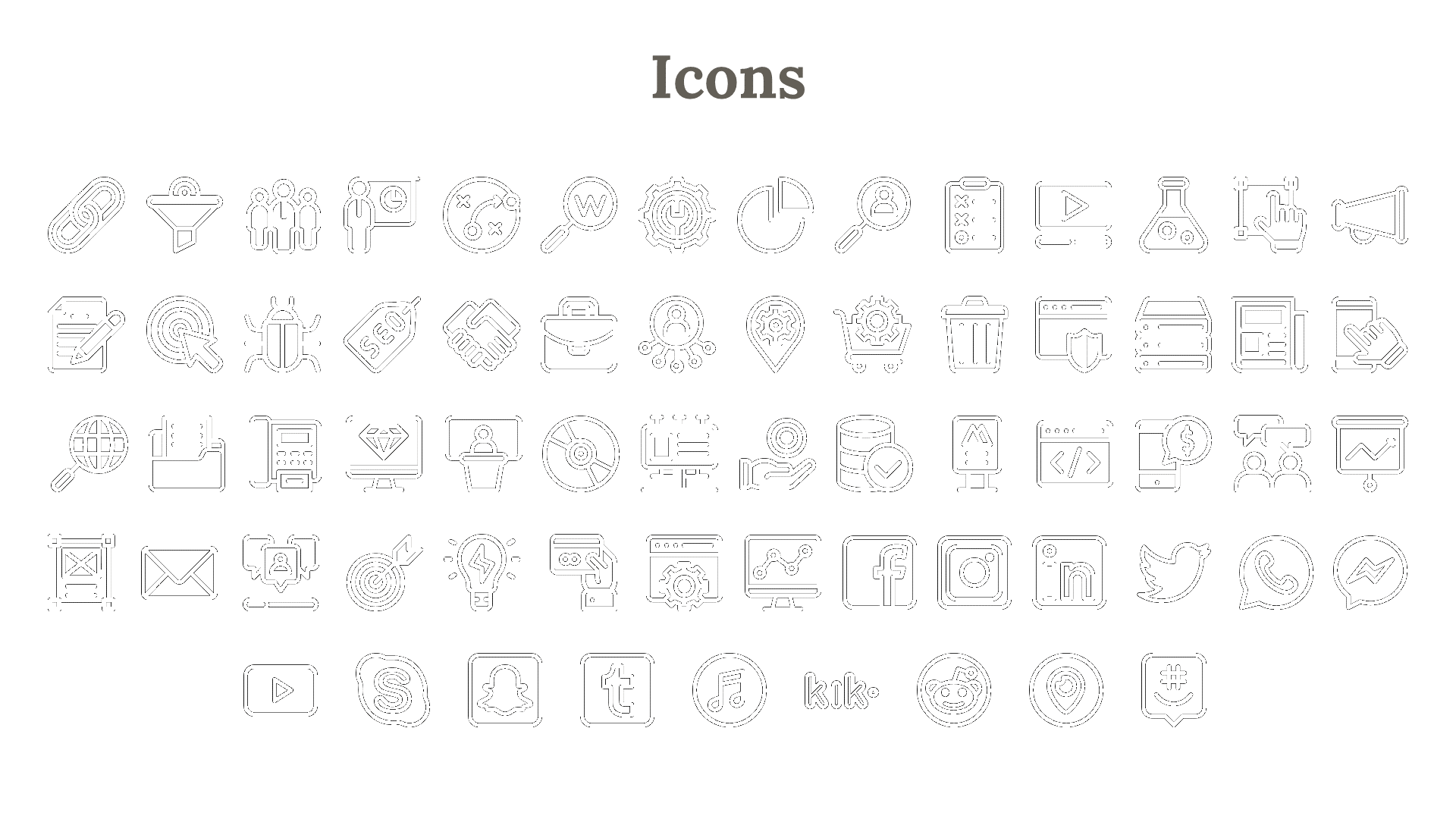 White slide with centered black title and five rows of assorted outlined icons, evenly spaced.