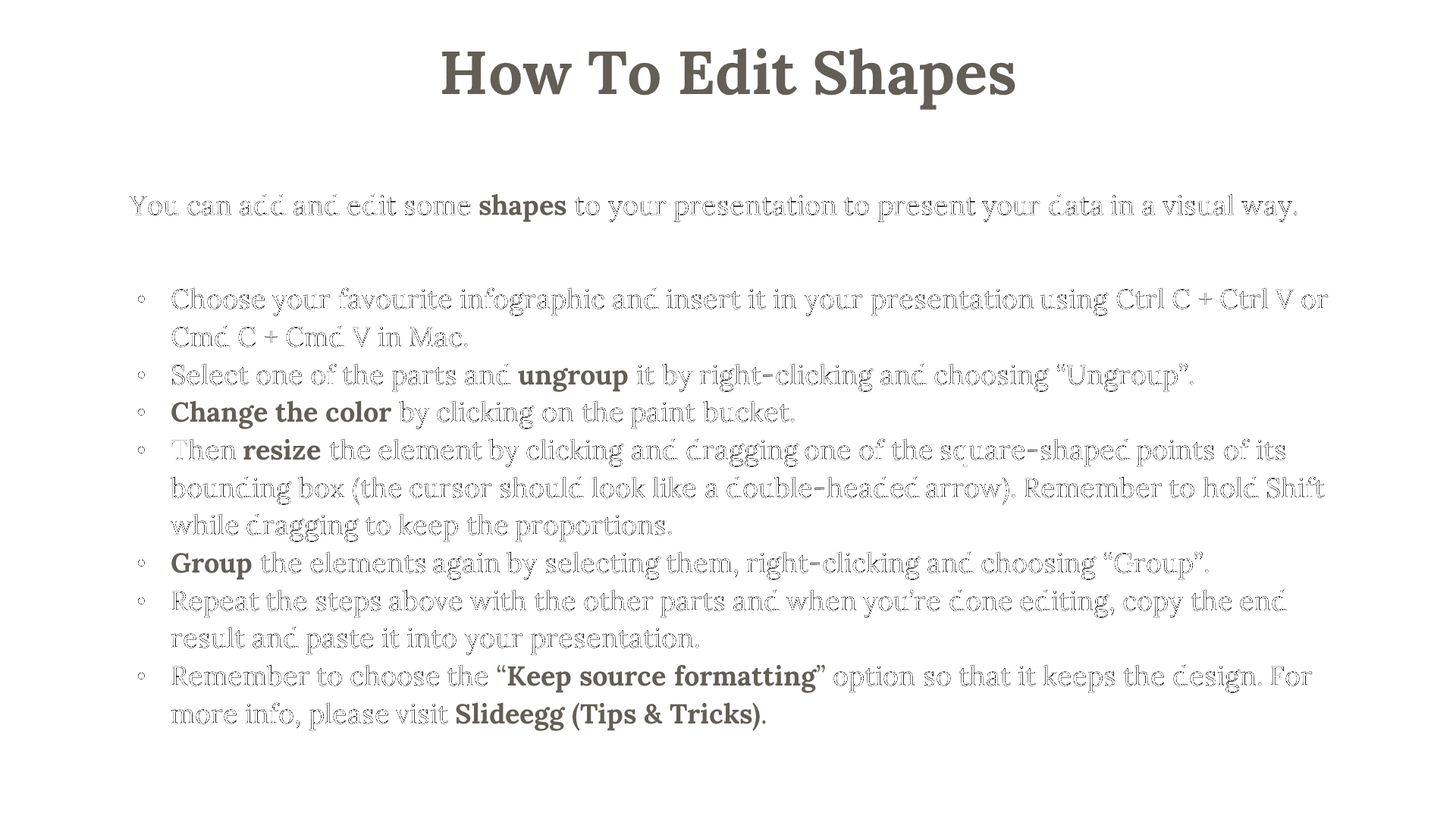 Slide with black text and bullet points explaining shape editing steps, bold section title at top.
