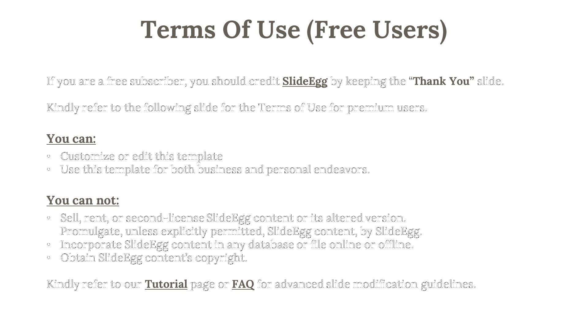Terms of use in black font on white background, split into permission and restriction lists for free users.
