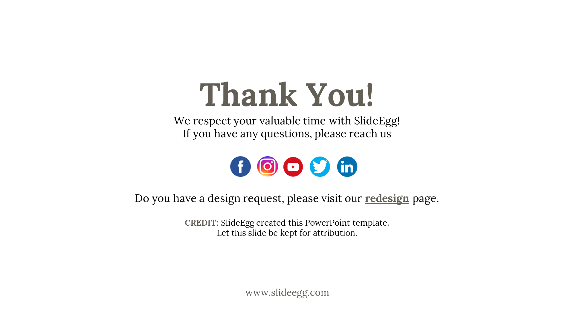 Centered thank you message in black text on a white layout, and a row of circular icons in various colors.