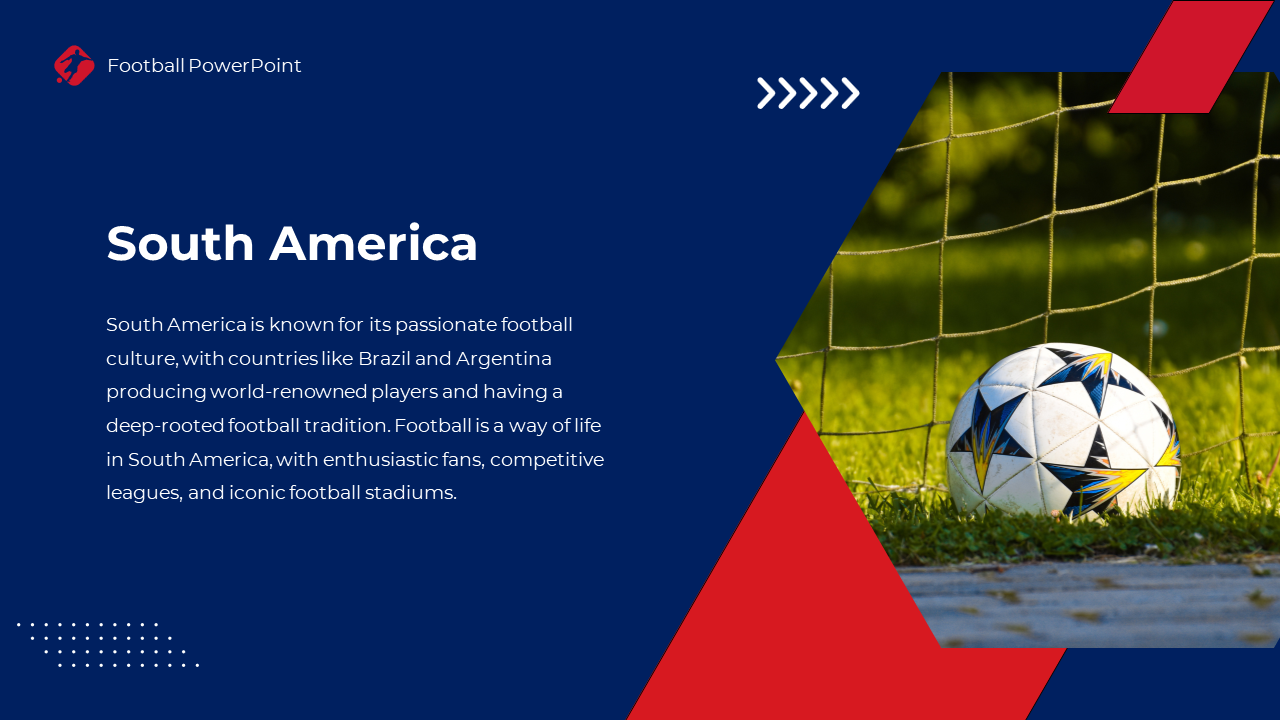 Close up of soccer ball resting by net on a grass field backdrop, with red and blue geometric layout.