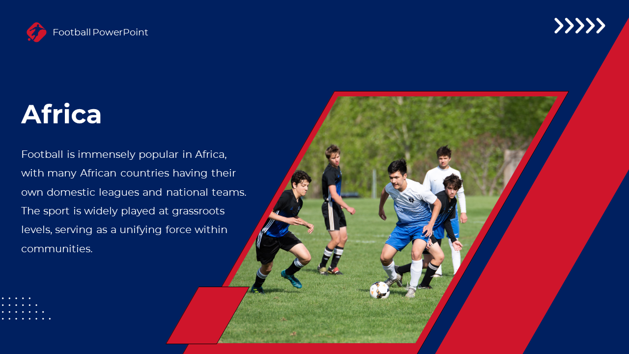 Soccer players in action on green field, red and blue geometric accents, and trees in the background.