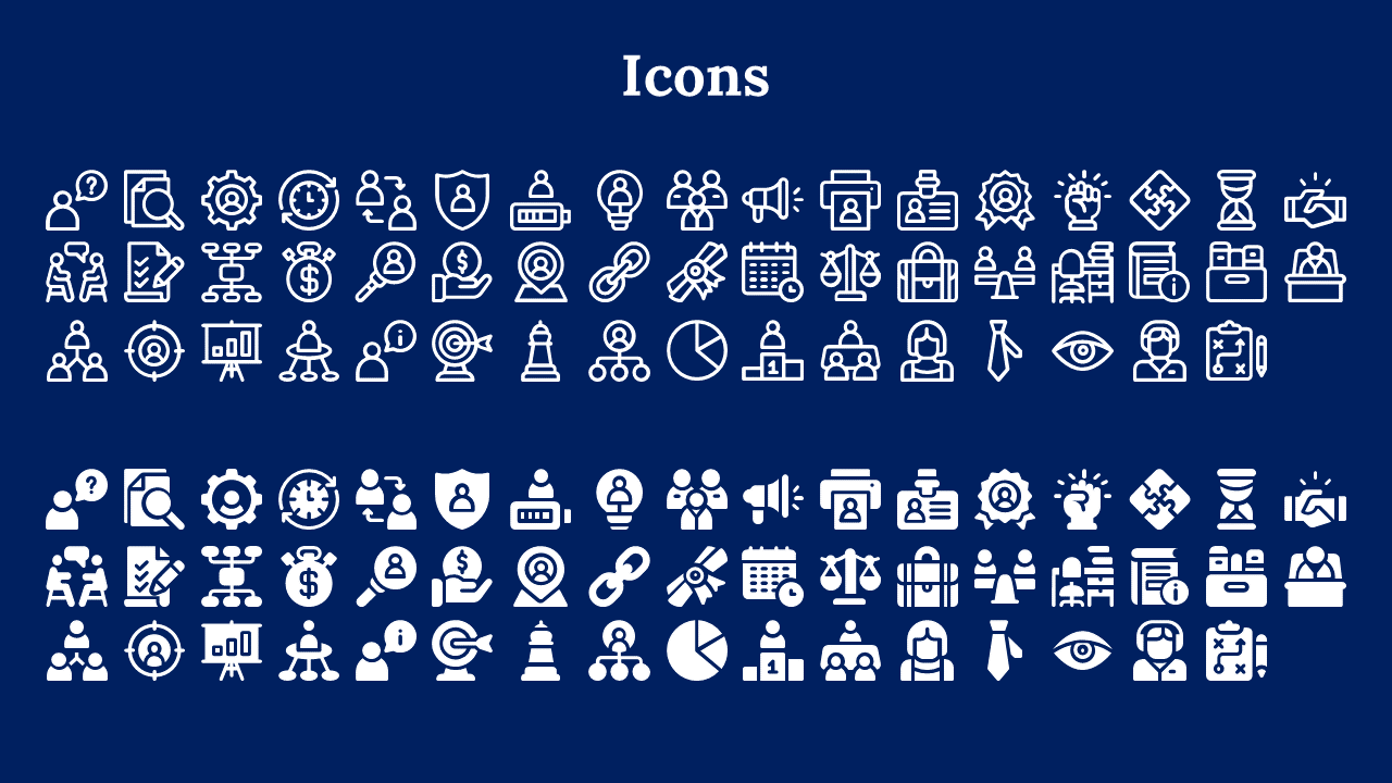 Slide with bold title and two groups of white icons, top outlined and bottom solid, on navy blue background.