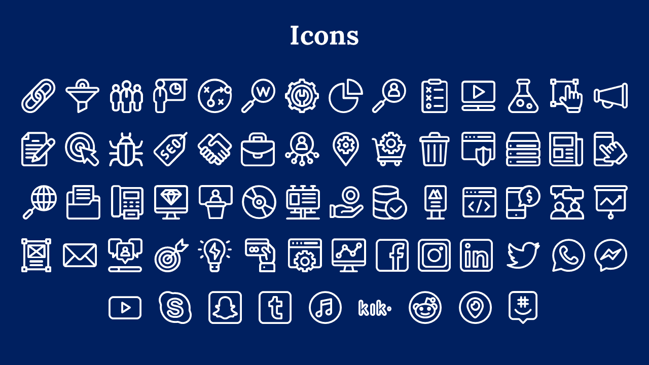 Grid of outlined white icons on dark blue background, arranged in rows under a bold heading.