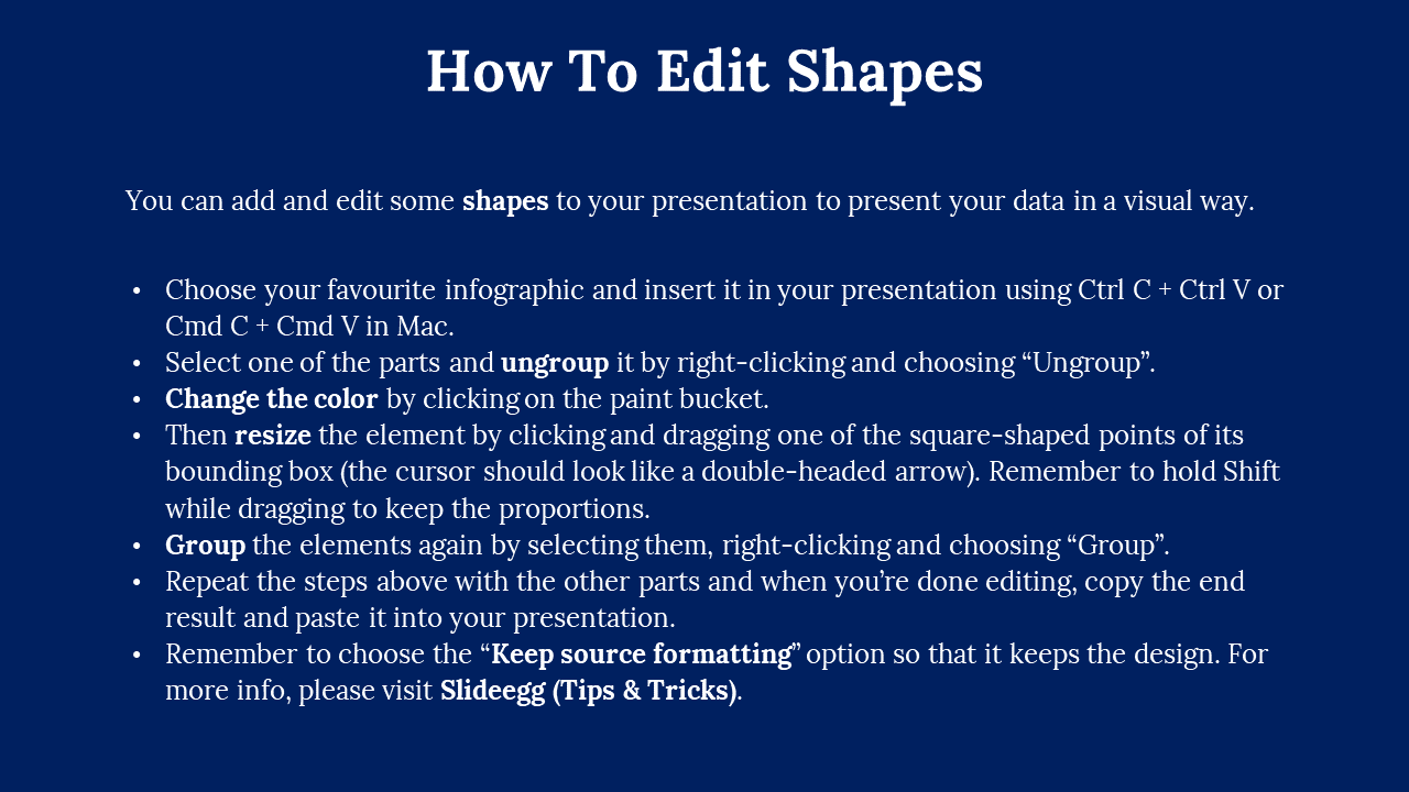 Dark blue background with white instructional text and bullet points, and bold header reads how to edit shapes.