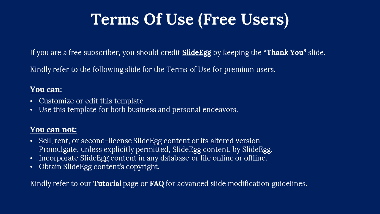 White text on dark blue slide, centered layout with two sections of bullet points under bold underlined headings.