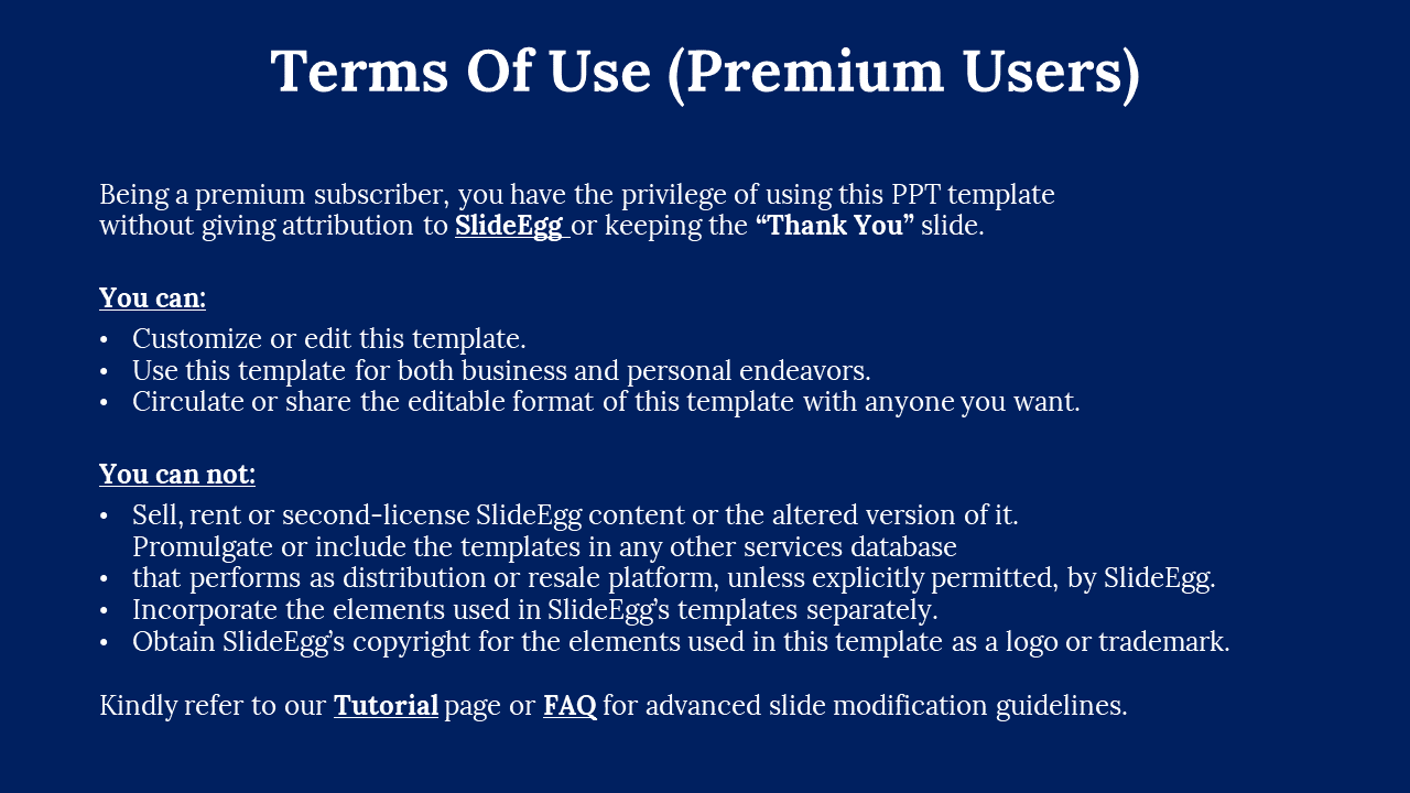Dark blue slide with white centered text, featuring sectioned lists under can and can not with bullet points.