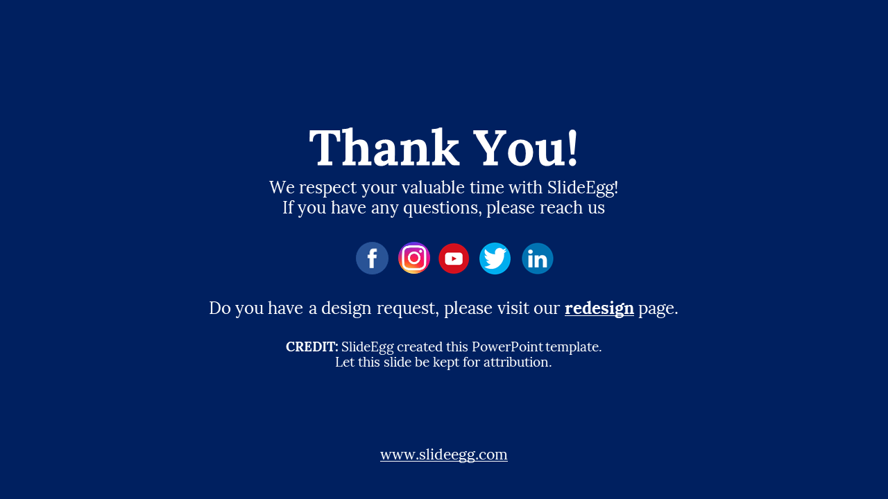 Dark blue background with centered white text and five circular social media icons in a horizontal row.