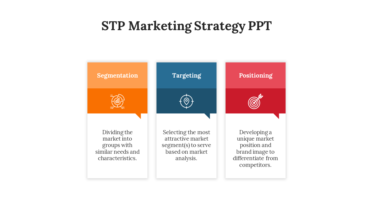 Three vertical blocks in orange, blue, and red with white icons and arrow-point boxes below describing STP steps.