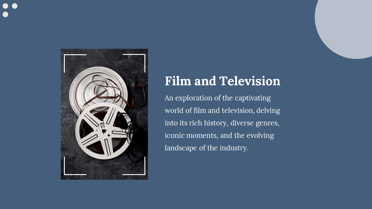 Blue background with film reels photo on left in rectangular frame and white text on right and light grey circle in corner.