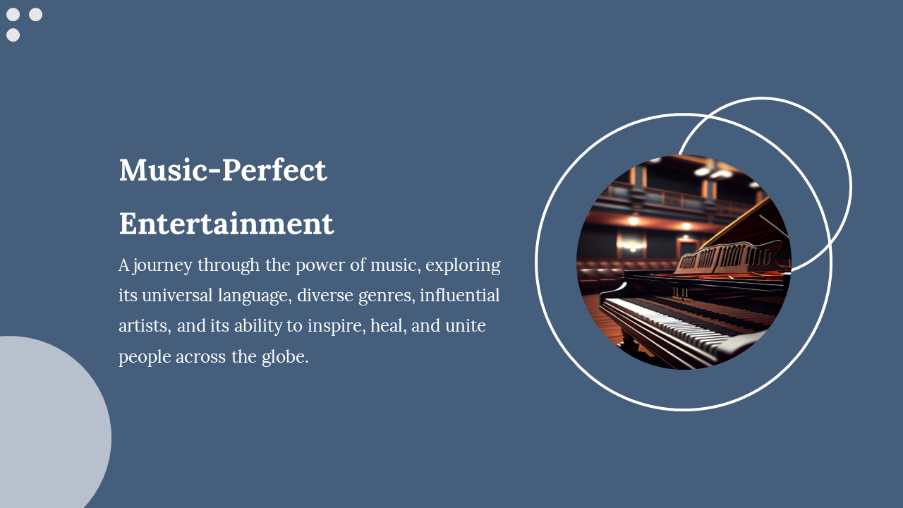 Blue background with text on left and a circular image of piano on right overlapped by two outlined white rings.